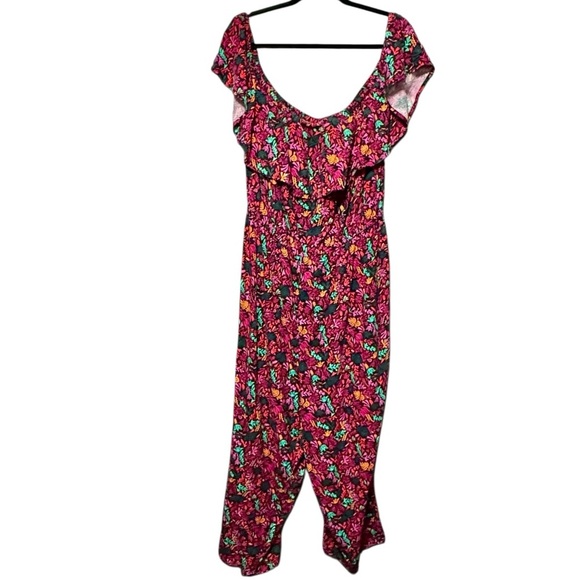 Ava & Viv Linen Bright Floral Print Ruffle Off Shoulder Neckline Belted Jumpsuit - Picture 4 of 14